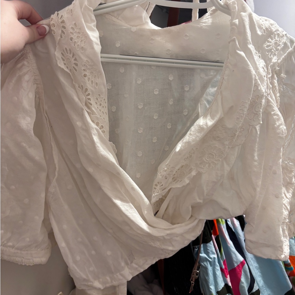 Anthropologie Cream Lace Swiss Dot Wrap Blouse